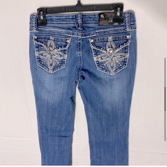 Grace In L.A. Distressed Low Rise Straight Leg Embroidered Flap Pocket Jeans 25 - Picture 9 of 16